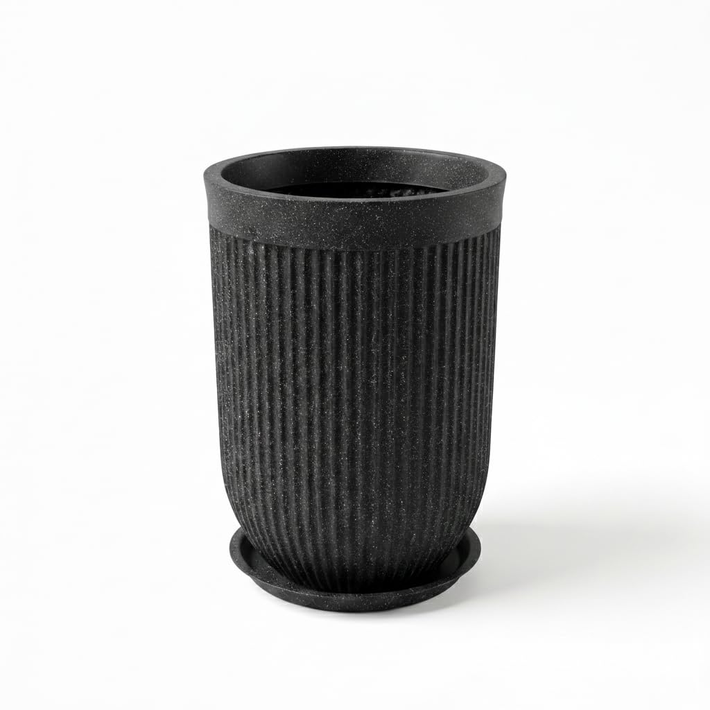 Leafy Tales Modern Ribbed Tall Round Planter - 24 Inch Decorative Flower Pot with Granite Finish, Lightweight & Weather Resistant Indoor/Outdoor Garden Pot for Home, Office, and Living Room Decor