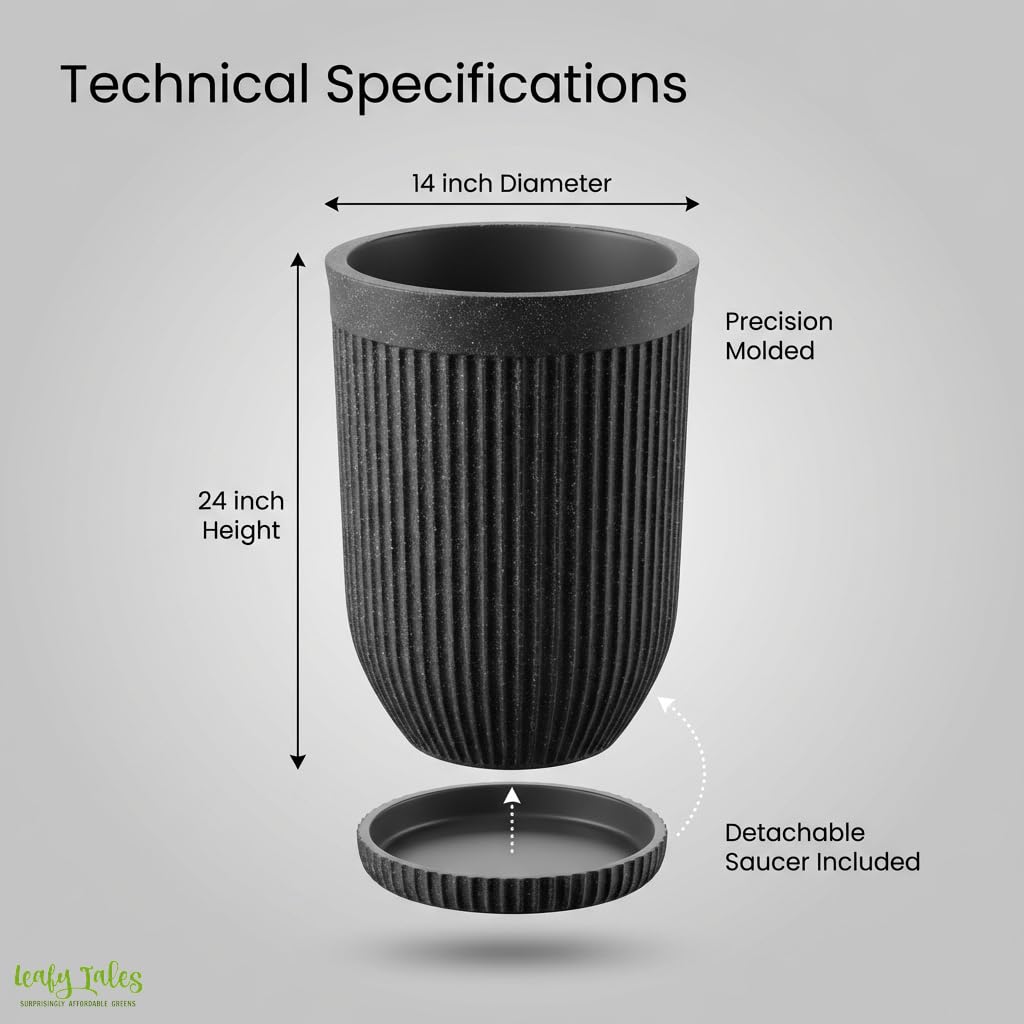 Leafy Tales Modern Ribbed Tall Round Planter - 24 Inch Decorative Flower Pot with Granite Finish, Lightweight & Weather Resistant Indoor/Outdoor Garden Pot for Home, Office, and Living Room Decor