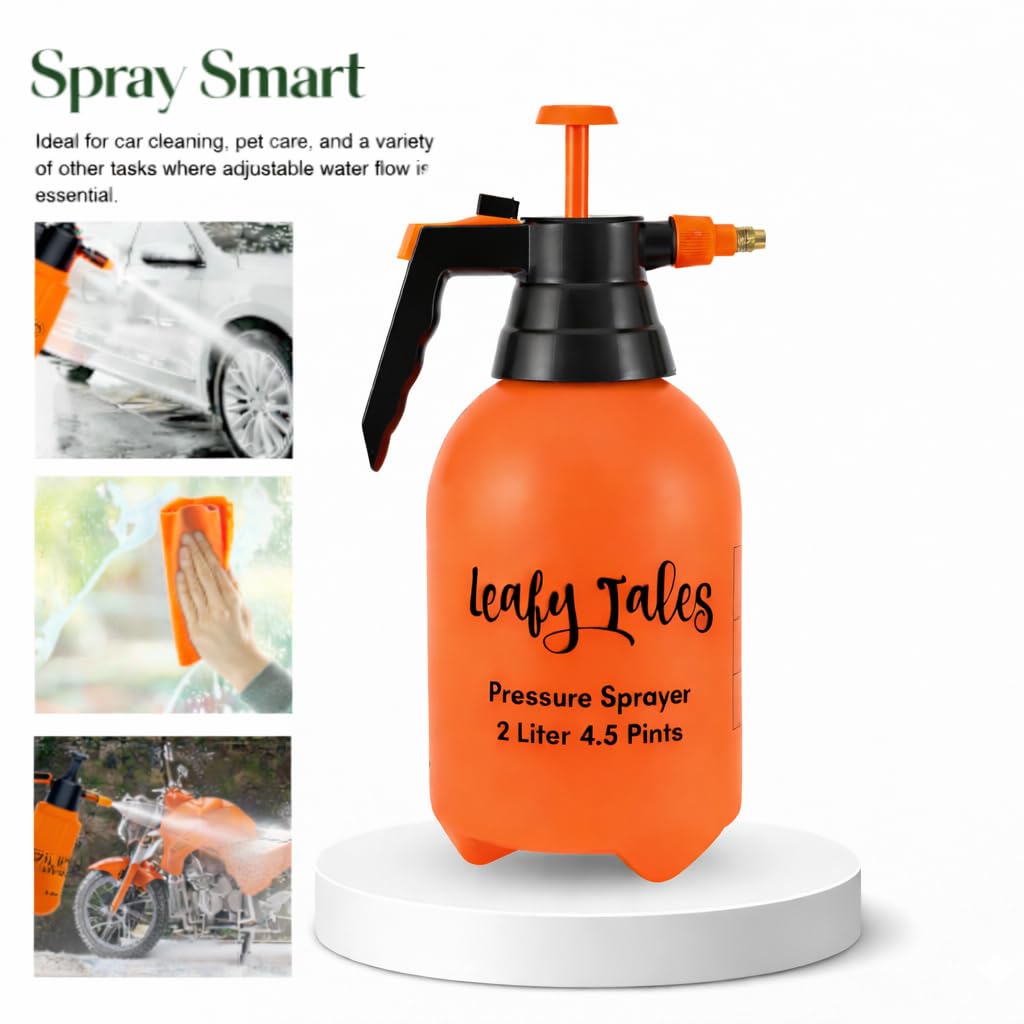 Leafy Tales 2L Manual Pressure Spray Pump (Orange) | Multipurpose Water Spray Bottle with Adjustable Nozzle | for Car & Bike Washing & Plant Watering