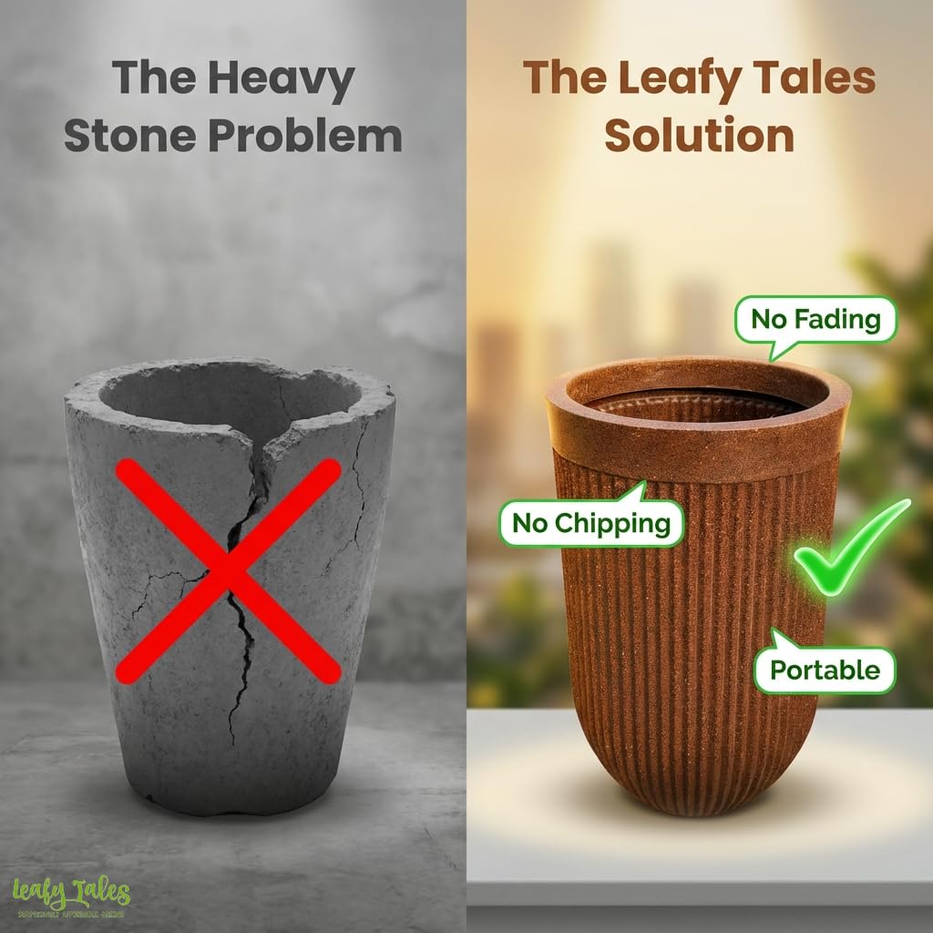 Leafy Tales Modern Ribbed Tall Round Planter - 24 Inch Decorative Flower Pot with Granite Finish, Lightweight & Weather Resistant Indoor/Outdoor Garden Pot for Home, Office, and Living Room Decor