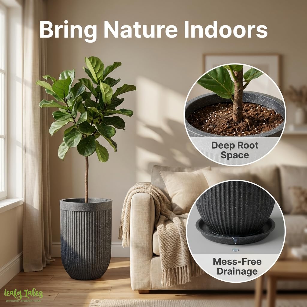 Leafy Tales Modern Ribbed Tall Round Planter - 24 Inch Decorative Flower Pot with Granite Finish, Lightweight & Weather Resistant Indoor/Outdoor Garden Pot for Home, Office, and Living Room Decor