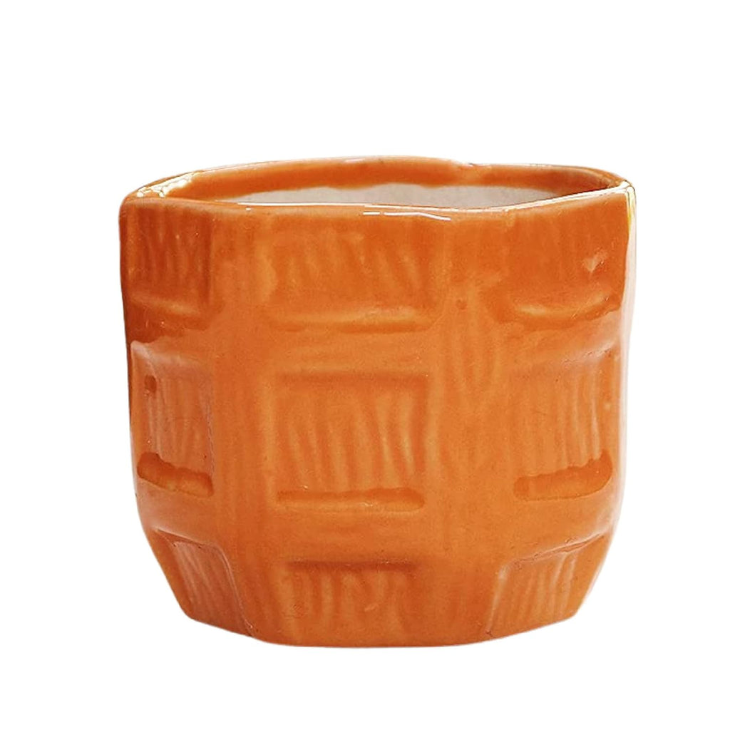 Leafy Tales Barrel Textured Ceramic Pot Planter for Home Garden Decor Office Decor, Orange, 1pc
