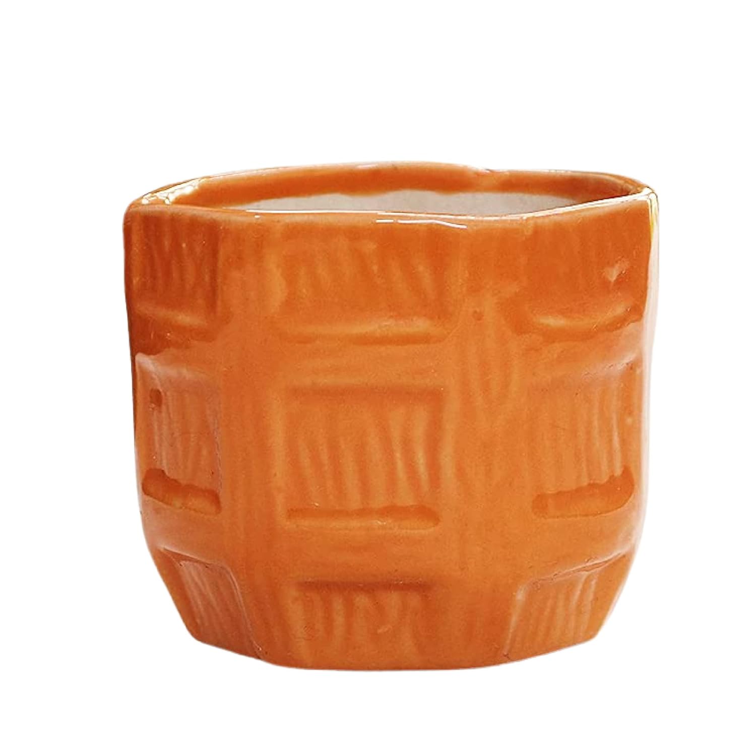 Leafy Tales Barrel Textured Ceramic Pot Planter for Home Garden Decor Office Decor, Orange, 1pc