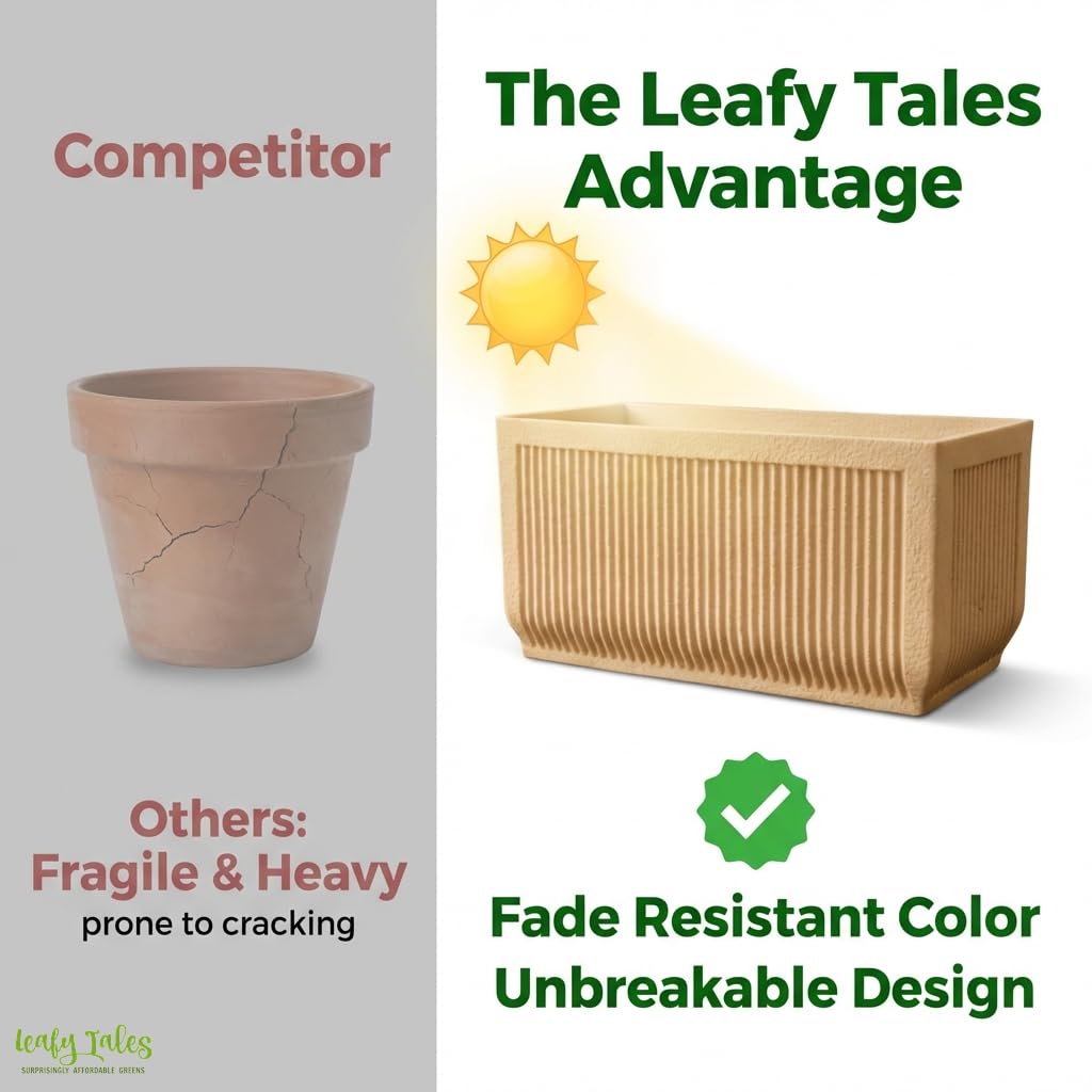 Leafy Tales Modern Rectangular Window Planter 24 Inch - Fluted Decorative Succulent Pot with Textured Stone Finish, Indoor/Outdoor Flower Box for Windowsill, Balcony, and Office Desk Decor