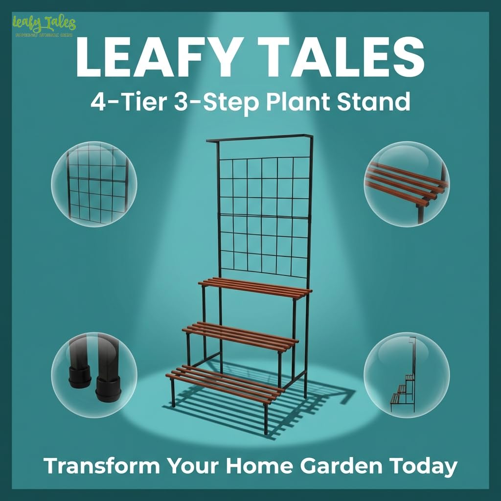Leafy Tales Bloom 4-Tier Plant Stand with Premium Wooden Finish, Large Indoor & Outdoor Metal Planter for Living Room, Balcony & Patio, Flower Pot Display Shelf, Home Décor