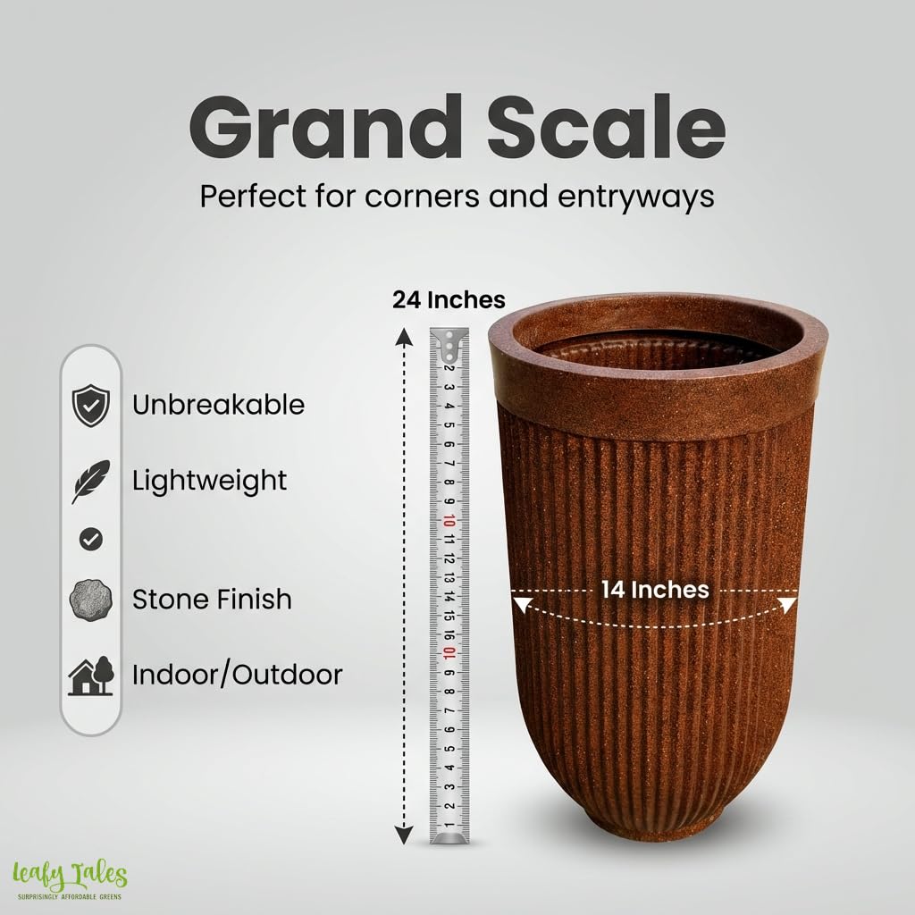 Leafy Tales Modern Ribbed Tall Round Planter - 24 Inch Decorative Flower Pot with Granite Finish, Lightweight & Weather Resistant Indoor/Outdoor Garden Pot for Home, Office, and Living Room Decor
