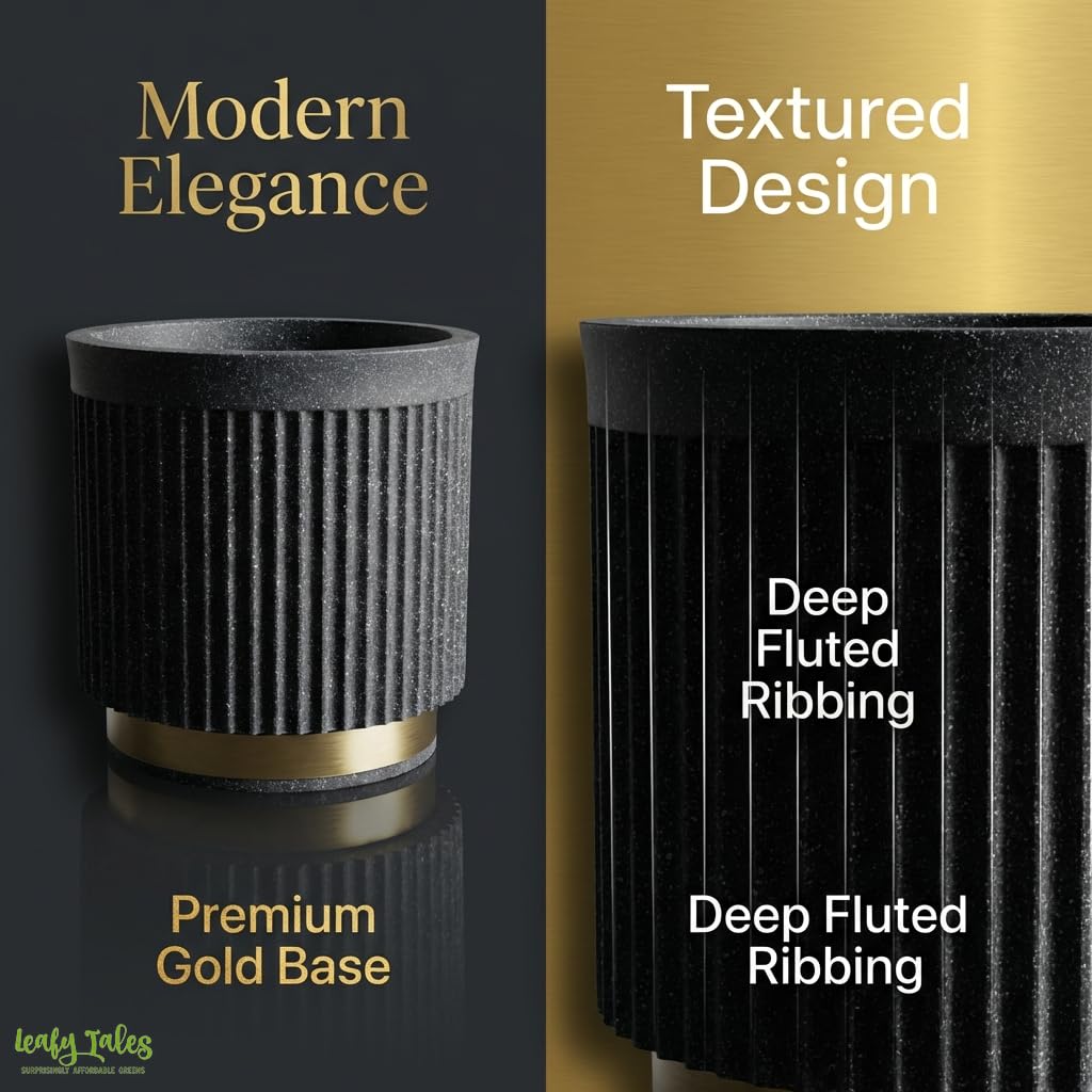 Leafy Tales Premium Fluted Cylinder Planter with Gold Base - 12 Inch Modern Decorative Flower Pot for Indoor Trees and Plants, Elegant Ribbed Texture for Living Room, Office, and Luxury Home Decor