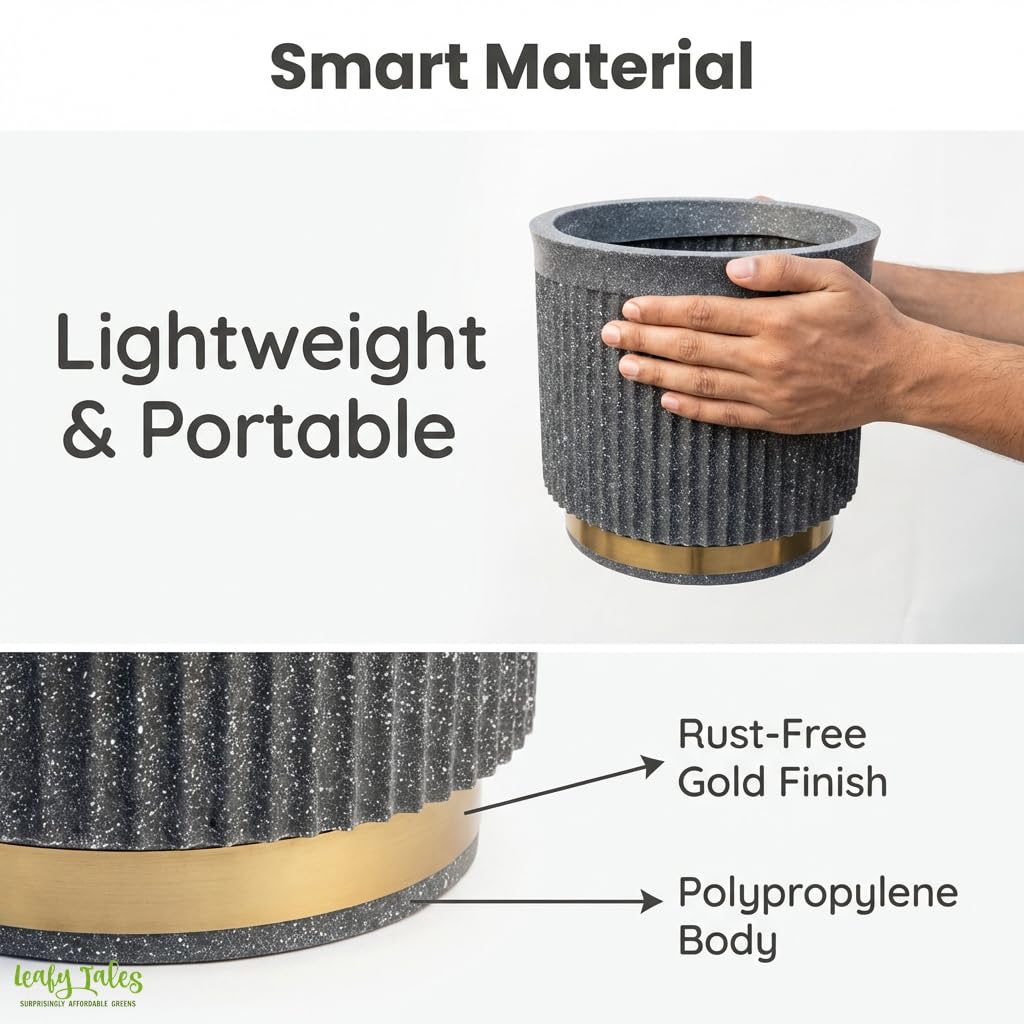 Leafy Tales Premium Fluted Cylinder Planter with Gold Base - 12 Inch Modern Decorative Flower Pot for Indoor Trees and Plants, Elegant Ribbed Texture for Living Room, Office, and Luxury Home Decor