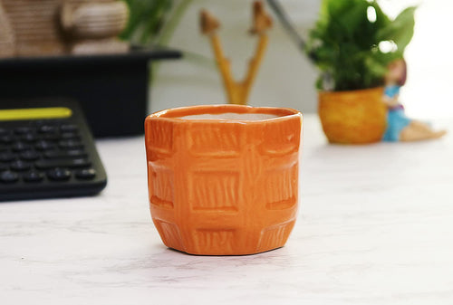 Leafy Tales Barrel Textured Ceramic Pot Planter for Home Garden Decor Office Decor, Orange, 1pc