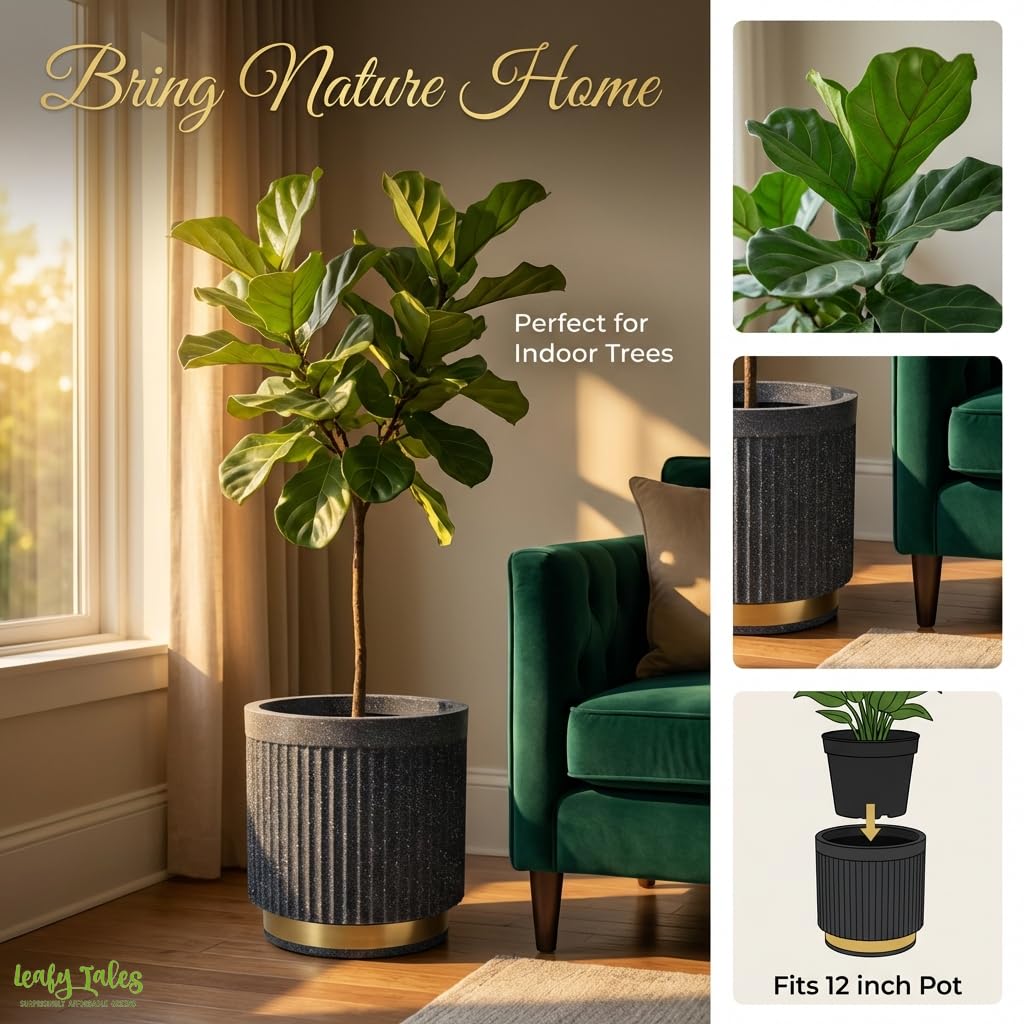 Leafy Tales Premium Fluted Cylinder Planter with Gold Base - 12 Inch Modern Decorative Flower Pot for Indoor Trees and Plants, Elegant Ribbed Texture for Living Room, Office, and Luxury Home Decor