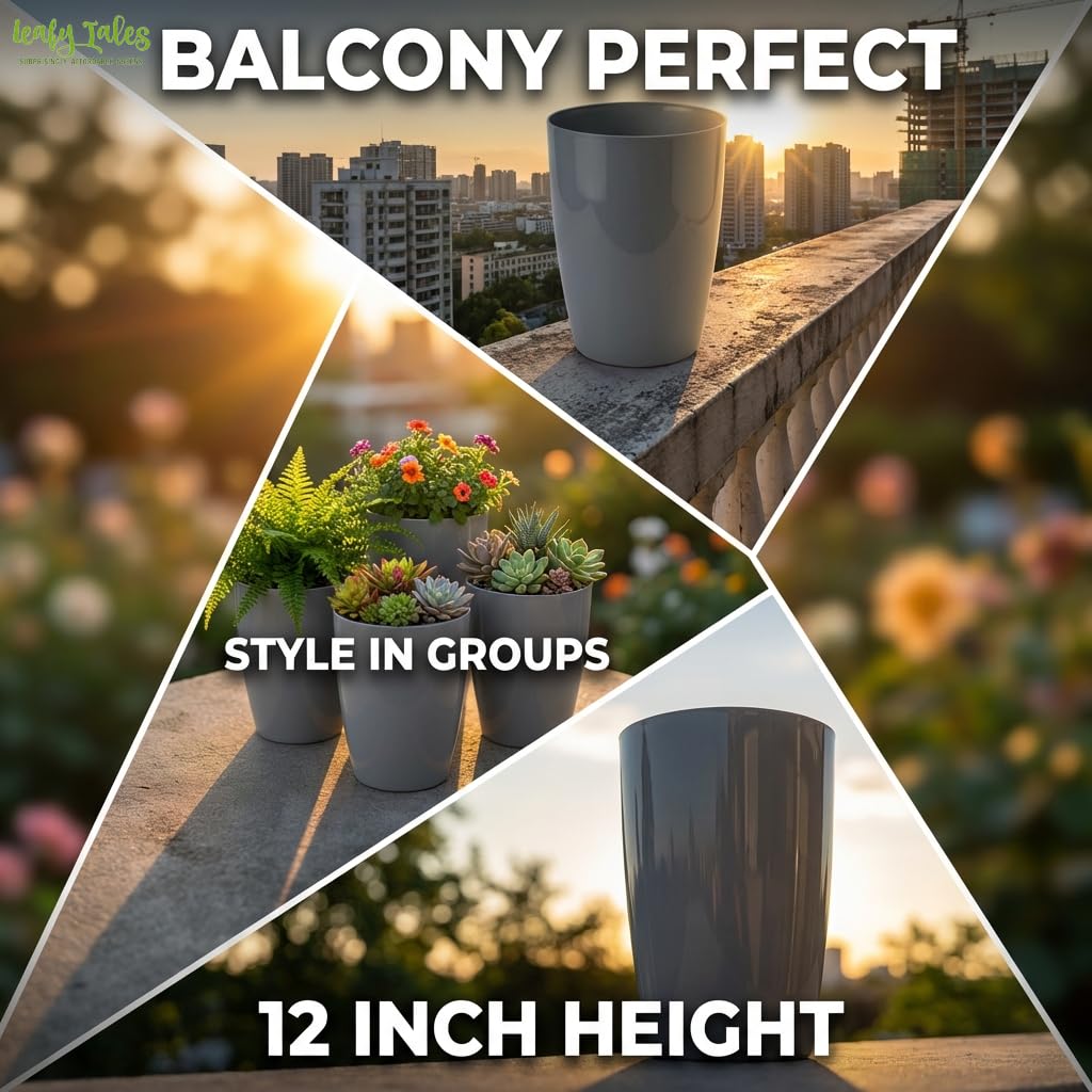 Leafy Tales Modern Round Tower Planter for Home Décor 12 INCH, Highly Durable,Lightweight Indoor Outdoor Planter, Flower Pot Gamla, Pot for Balcony Garden, Vegetables, Flowers & Greenery