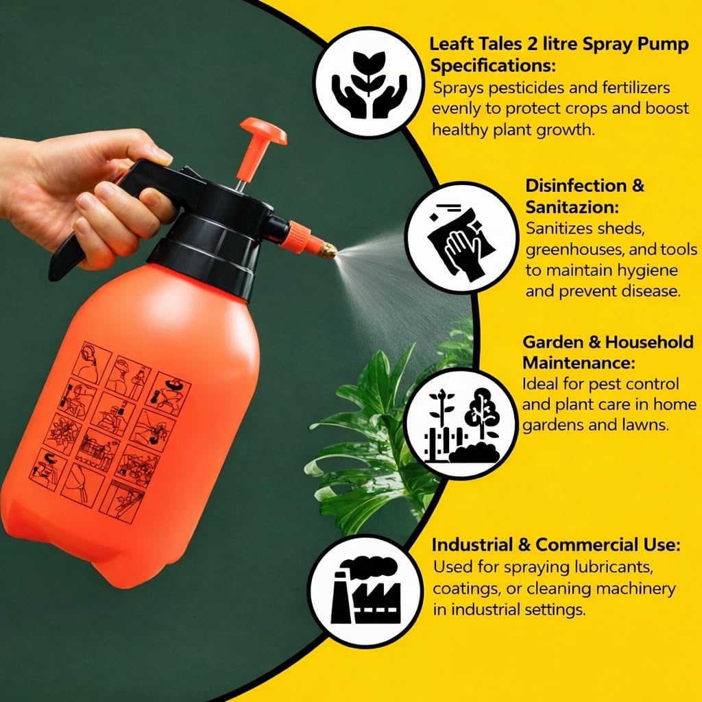 Leafy Tales 2L Manual Pressure Spray Pump (Orange) | Multipurpose Water Spray Bottle with Adjustable Nozzle | for Car & Bike Washing & Plant Watering