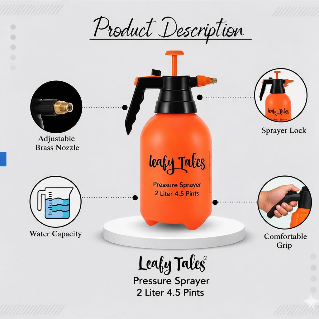 Leafy Tales 2L Manual Pressure Spray Pump (Orange) | Multipurpose Water Spray Bottle with Adjustable Nozzle | for Car & Bike Washing & Plant Watering