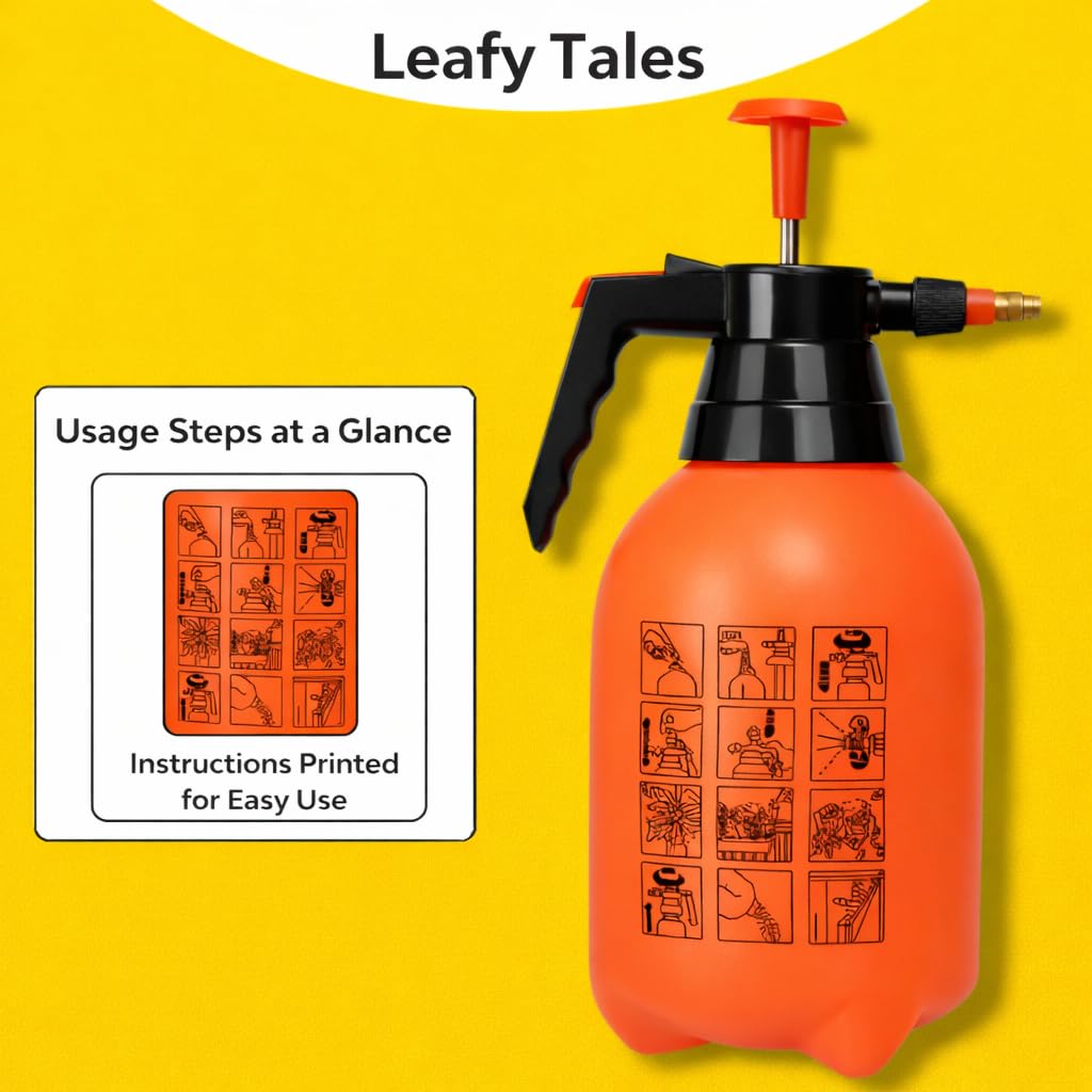 Leafy Tales 2L Manual Pressure Spray Pump (Orange) | Multipurpose Water Spray Bottle with Adjustable Nozzle | for Car & Bike Washing & Plant Watering