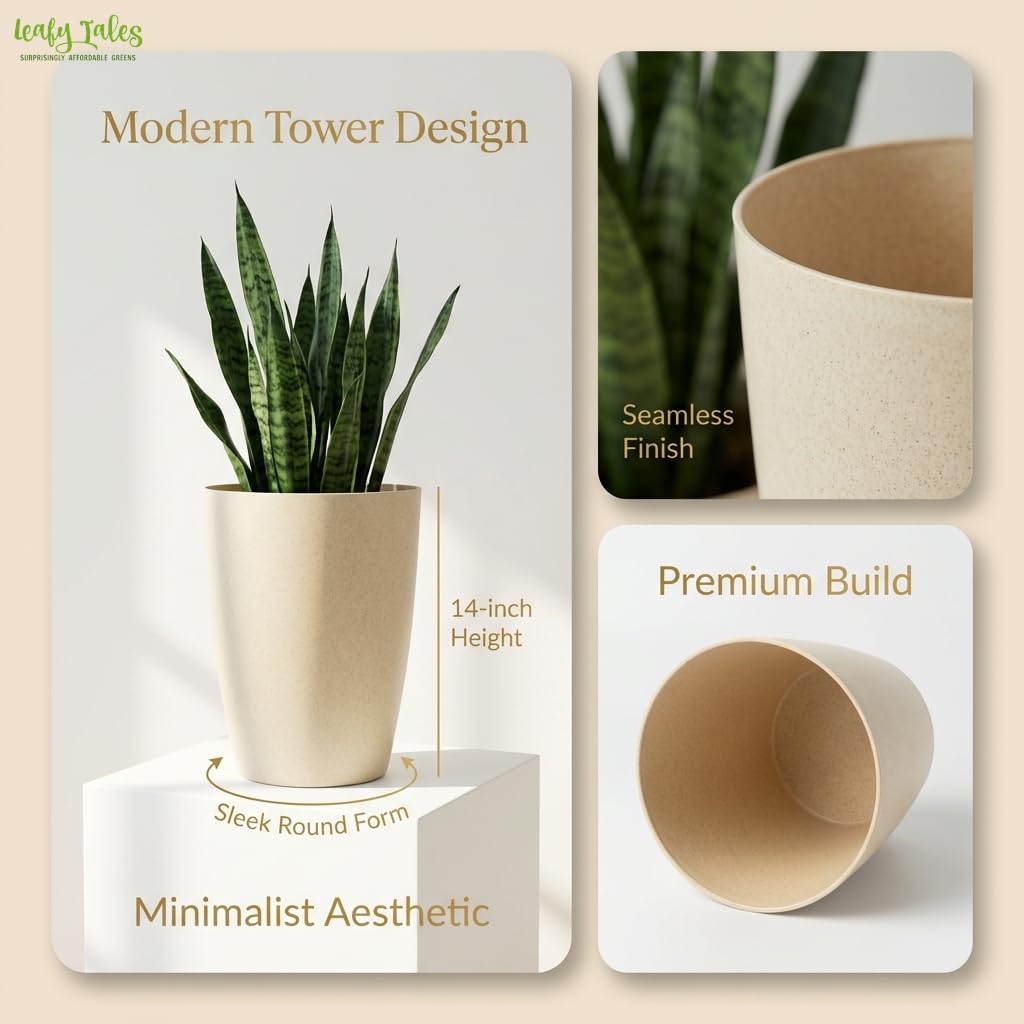 Leafy Tales Modern Round Tower Planter for Home Décor 14 INCH, Highly Durable,Lightweight Indoor Outdoor Planter, Flower Pot Gamla, Pot for Balcony Garden, Vegetables, Flowers & Greenery