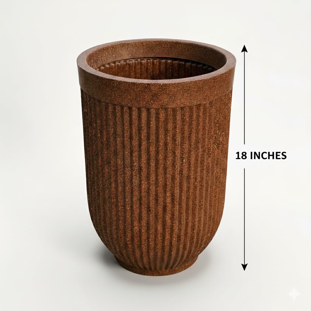 Leafy Tales Modern Ribbed Tall Round Planter - 18 Inch Decorative Flower Pot with Granite Finish, Lightweight & Weather Resistant Indoor/Outdoor Garden Pot for Home, Office, and Living Room Decor