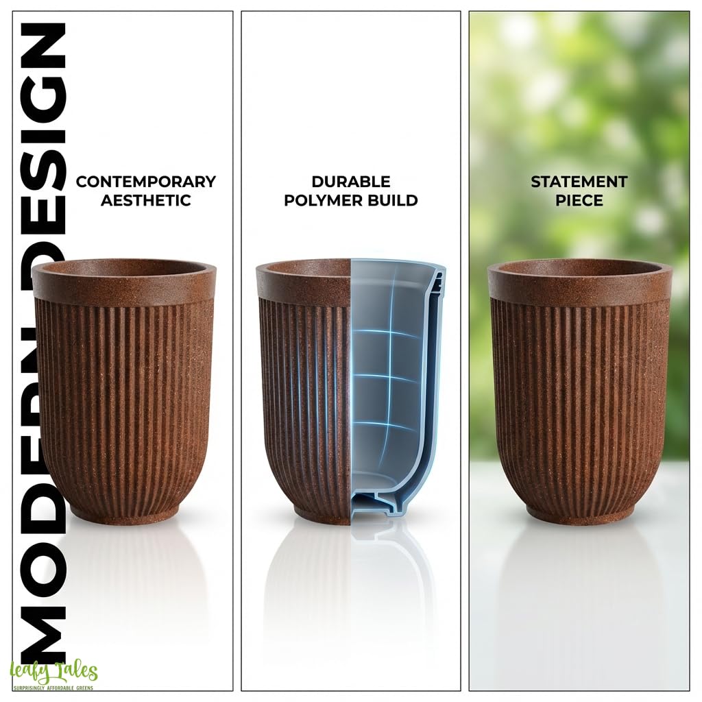 Leafy Tales Modern Ribbed Tall Round Planter - 18 Inch Decorative Flower Pot with Granite Finish, Lightweight & Weather Resistant Indoor/Outdoor Garden Pot for Home, Office, and Living Room Decor