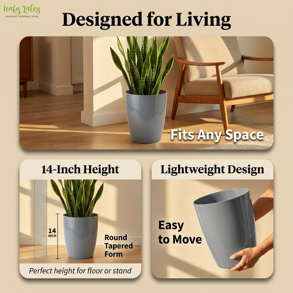 Leafy Tales Modern Round Tower Planter for Home Décor 14 INCH, Highly Durable,Lightweight Indoor Outdoor Planter, Flower Pot Gamla, Pot for Balcony Garden, Vegetables, Flowers & Greenery