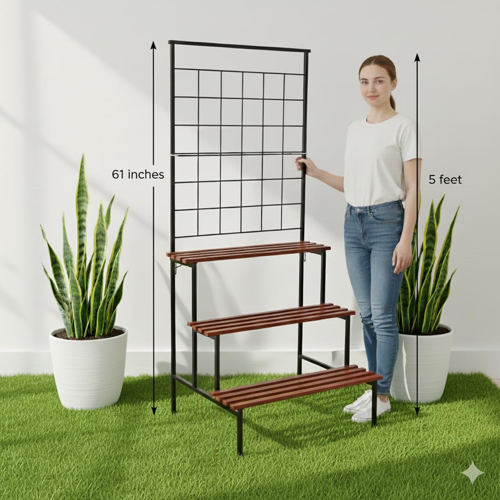 Leafy Tales Bloom 4-Tier Plant Stand with Premium Wooden Finish, Large Indoor & Outdoor Metal Planter for Living Room, Balcony & Patio, Flower Pot Display Shelf, Home Décor