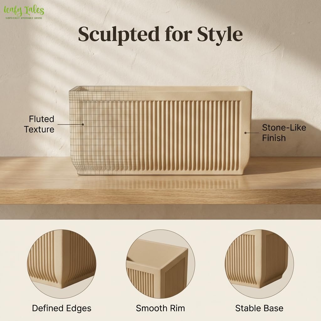 Leafy Tales Modern Rectangular Window Planter 24 Inch - Fluted Decorative Succulent Pot with Textured Stone Finish, Indoor/Outdoor Flower Box for Windowsill, Balcony, and Office Desk Decor