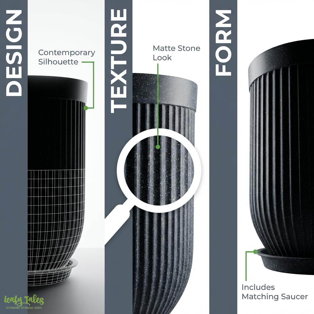 Leafy Tales Modern Ribbed Tall Round Planter - 24 Inch Decorative Flower Pot with Granite Finish, Lightweight & Weather Resistant Indoor/Outdoor Garden Pot for Home, Office, and Living Room Decor