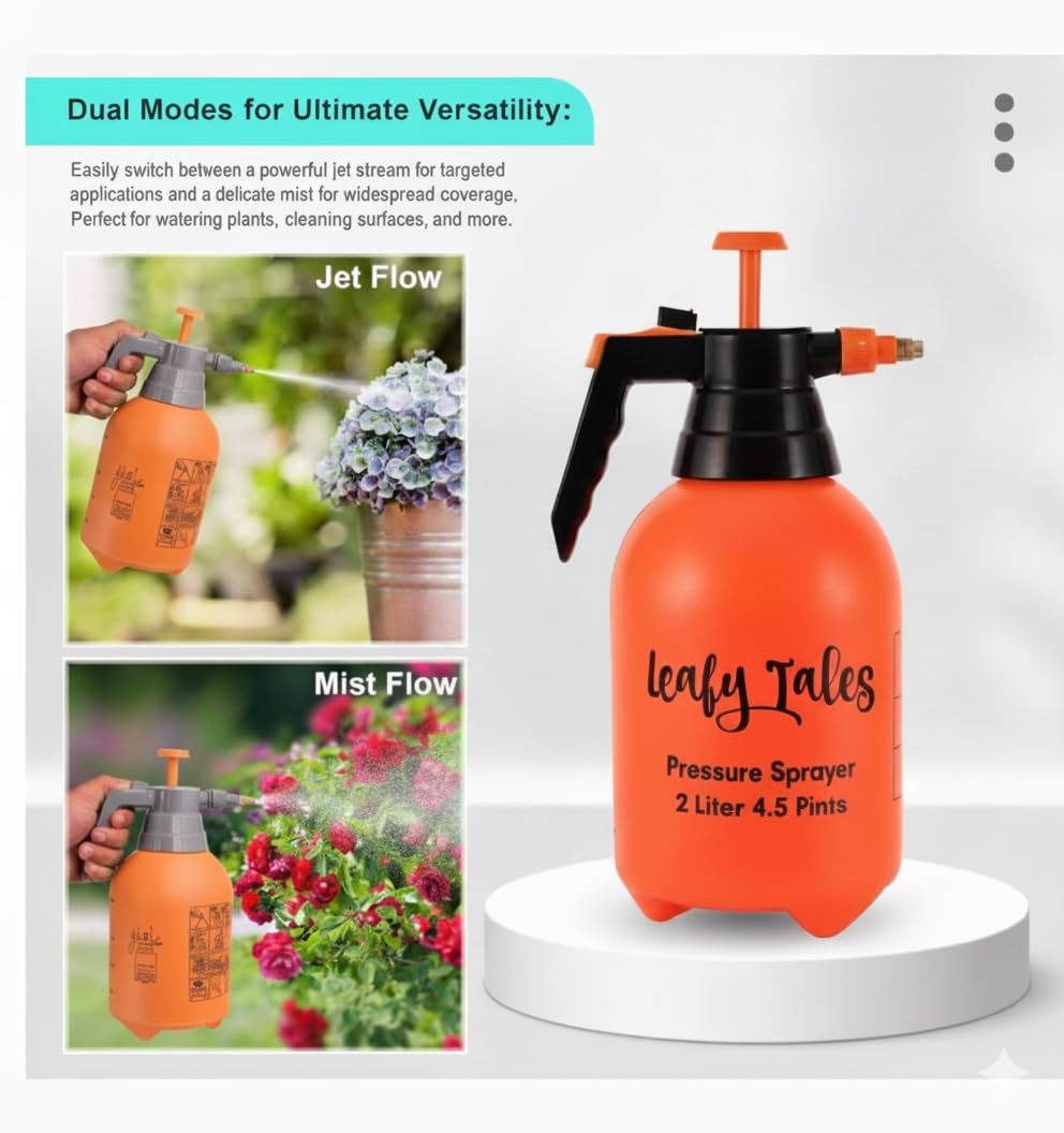 Leafy Tales 2L Manual Pressure Spray Pump (Orange) | Multipurpose Water Spray Bottle with Adjustable Nozzle | for Car & Bike Washing & Plant Watering