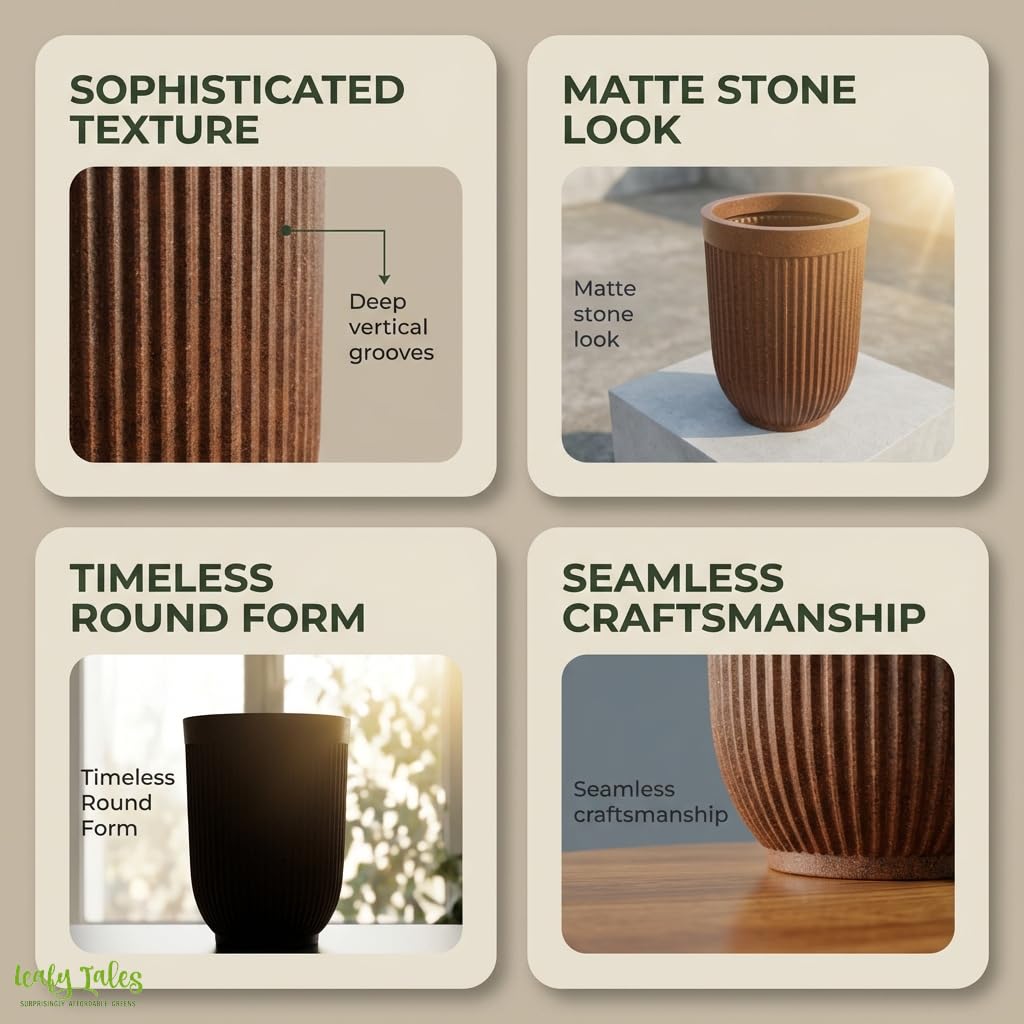 Leafy Tales Modern Ribbed Tall Round Planter - 18 Inch Decorative Flower Pot with Granite Finish, Lightweight & Weather Resistant Indoor/Outdoor Garden Pot for Home, Office, and Living Room Decor