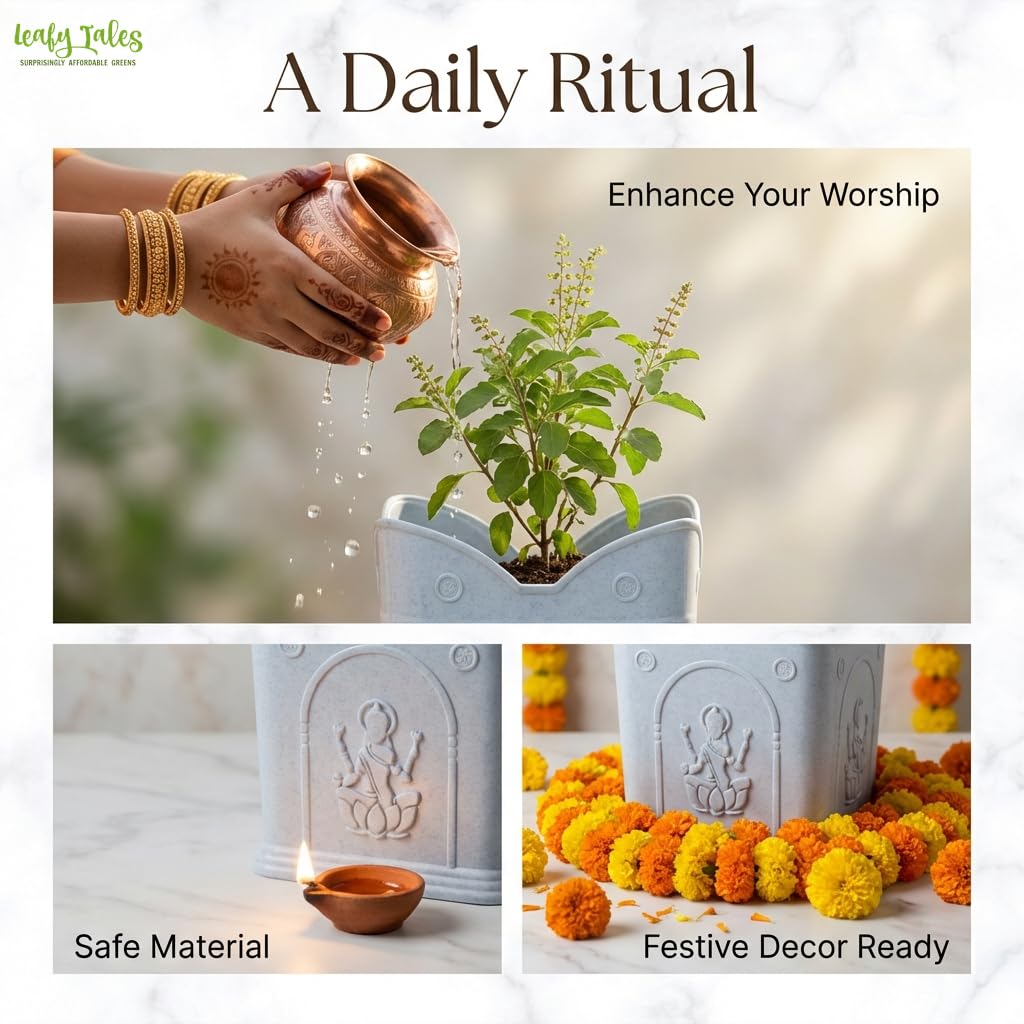 Leafy Tales 8-Inch Elegant White Sattva Tulsi Pot – Durable PPE Plastic Planter for Indoor & Outdoor Balcony – UV Resistant & Weatherproof Holy Basil Pot for Home Decor (White, 8H x 8W)