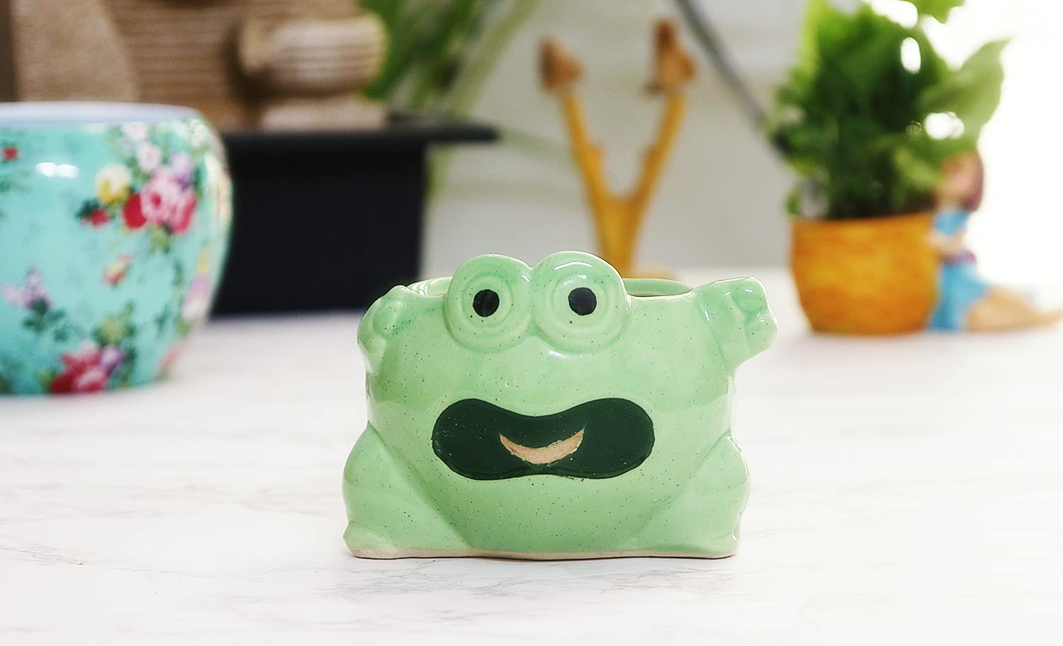 Leafy Tales Ceramic Cactus Shape Planter, Small Size - 1 pc, Olive, Medium