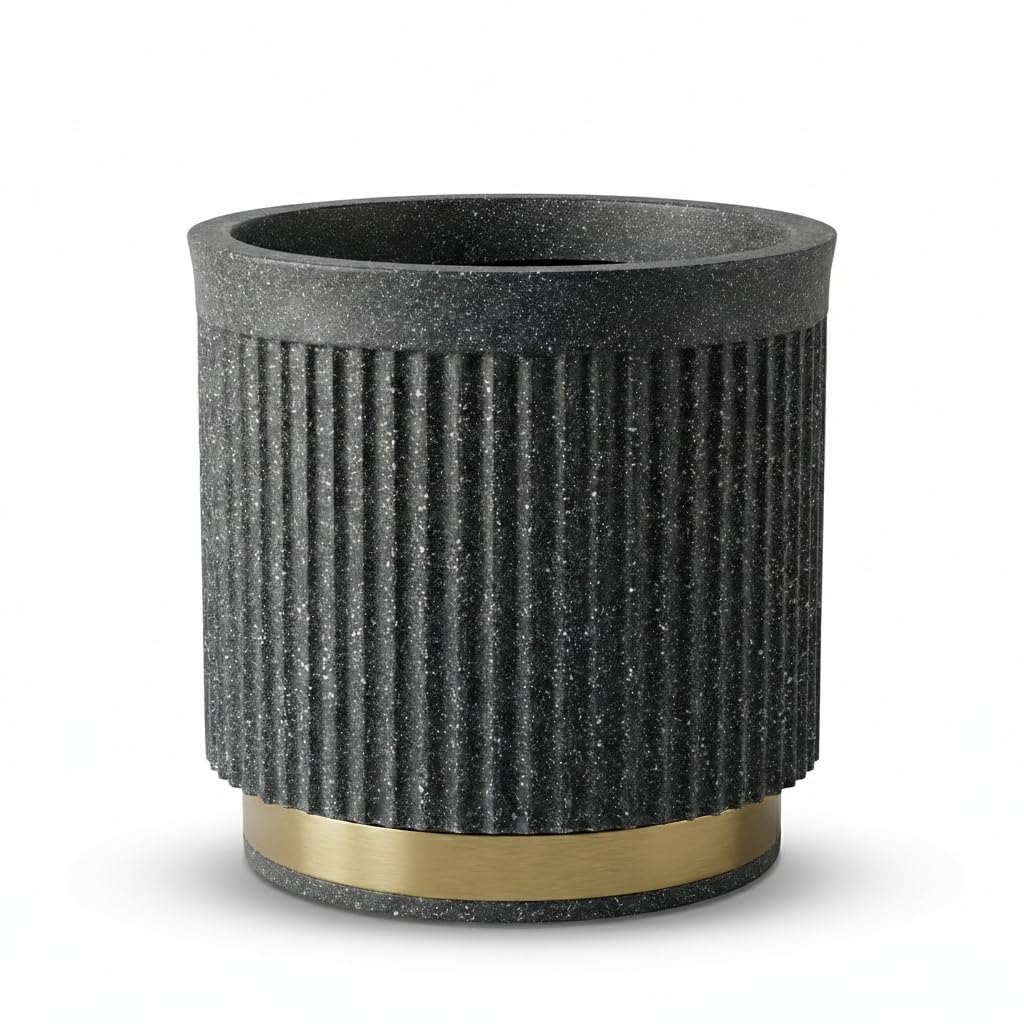 Leafy Tales Premium Fluted Cylinder Planter with Gold Base - 12 Inch Modern Decorative Flower Pot for Indoor Trees and Plants, Elegant Ribbed Texture for Living Room, Office, and Luxury Home Decor