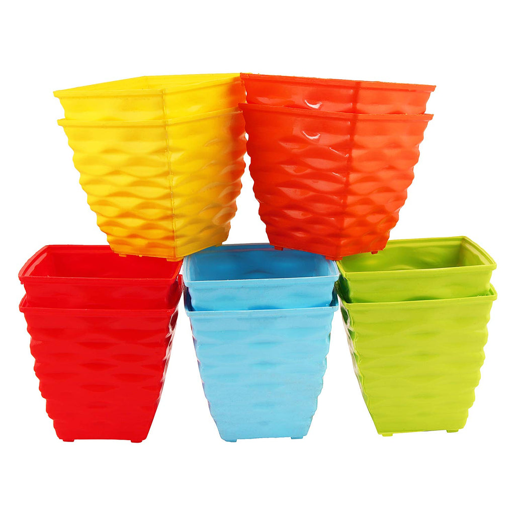 Leafy Tales Plastic Diamond Pots, Multicolor, 10x10x6 cm, 10 pcs (Square-10)