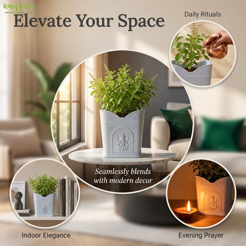 Leafy Tales 8-Inch Elegant White Sattva Tulsi Pot – Durable PPE Plastic Planter for Indoor & Outdoor Balcony – UV Resistant & Weatherproof Holy Basil Pot for Home Decor (White, 8H x 8W)