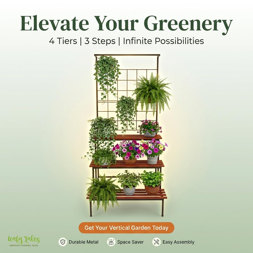 Leafy Tales Bloom 4-Tier Plant Stand with Premium Wooden Finish, Large Indoor & Outdoor Metal Planter for Living Room, Balcony & Patio, Flower Pot Display Shelf, Home Décor