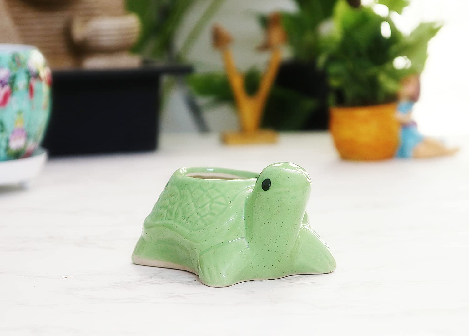 Leafy Tales Turtle Shape Ceramic Pot, Green, 4 Inch Size 1 pc