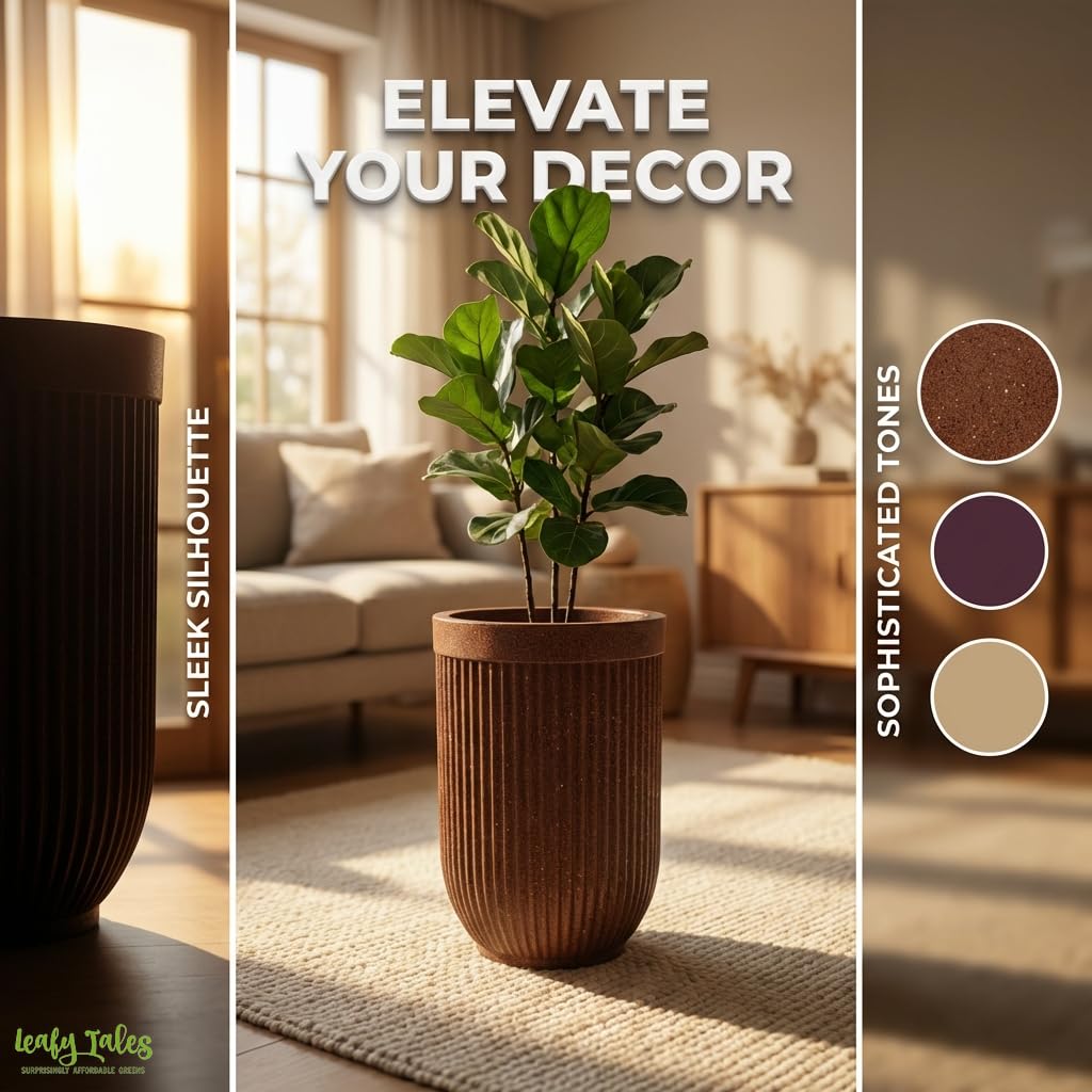 Leafy Tales Modern Ribbed Tall Round Planter - 18 Inch Decorative Flower Pot with Granite Finish, Lightweight & Weather Resistant Indoor/Outdoor Garden Pot for Home, Office, and Living Room Decor