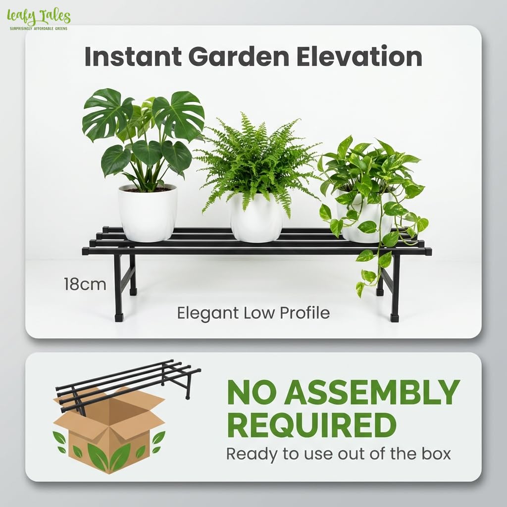 Leafy Tales Heavy-Duty Metal Plant Stand Set of 1– Durable Iron Pot Stand for Indoor and Outdoor Use – Rust-Proof Garden Shelf (Black, 76cm x 24cm x 18cm)