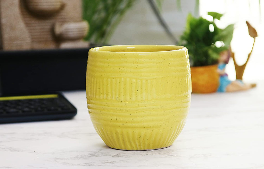 Leafy Tales Barrel Textured Ceramic Pot Planter for Home Garden Decor Office Decor, Orange, 1pc