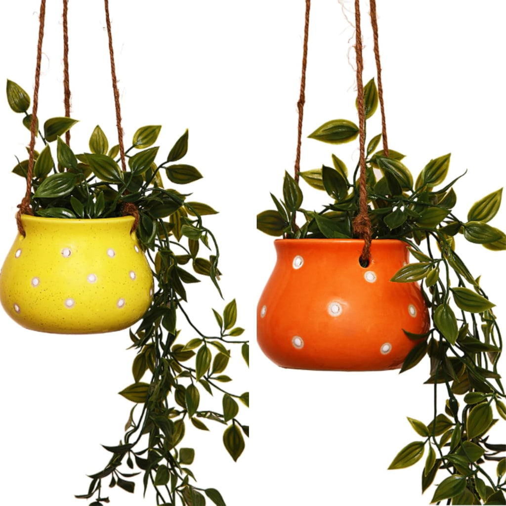 Leafy Tales Hanging Matki Shape Ceramic Pot Set of 2, Pot Only, Multicolor