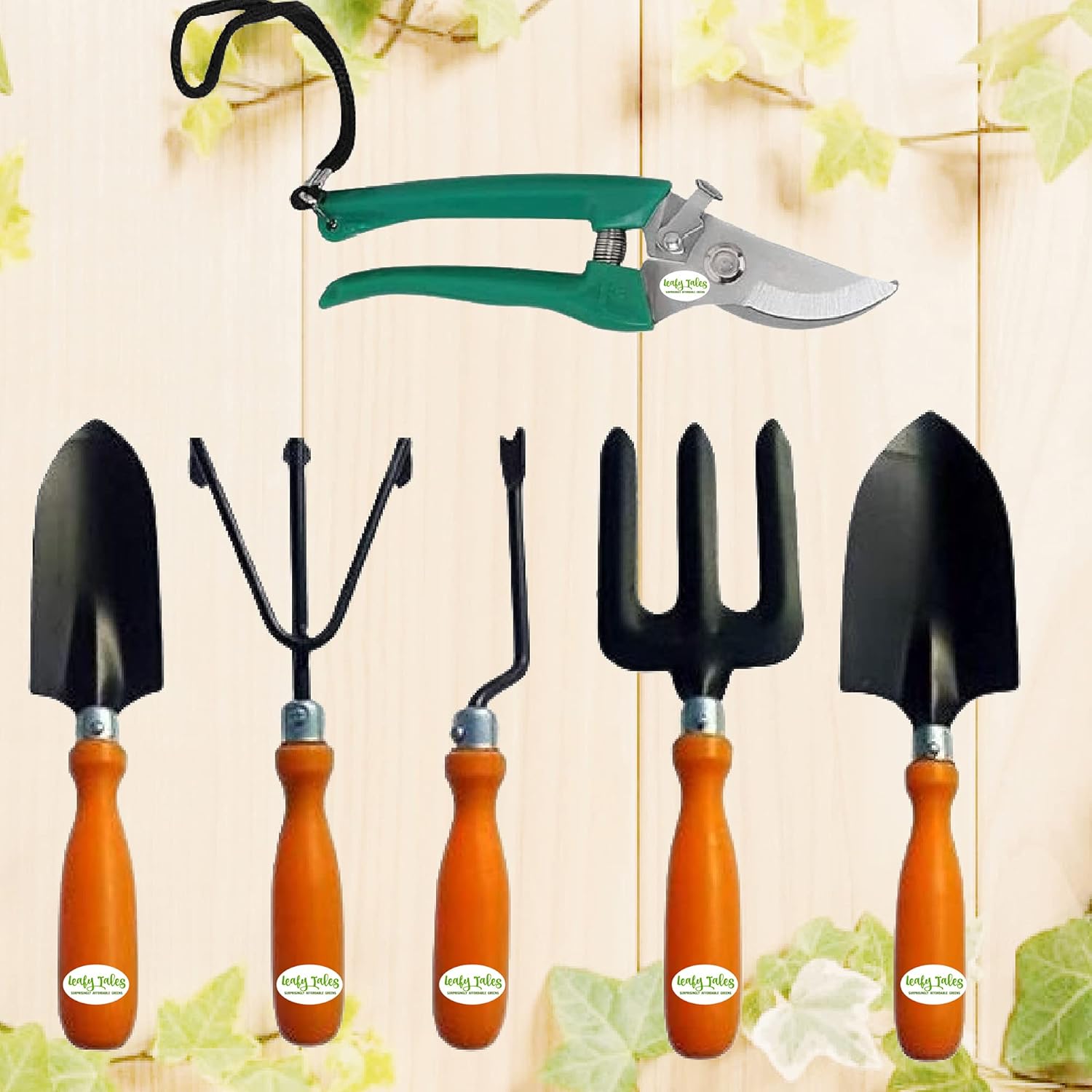Leafy Tales Gardening Tool Kit Set of 6 (5 Tools + Pruner Scissors)