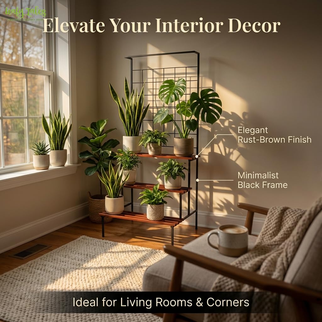 Leafy Tales Bloom 4-Tier Plant Stand with Premium Wooden Finish, Large Indoor & Outdoor Metal Planter for Living Room, Balcony & Patio, Flower Pot Display Shelf, Home Décor