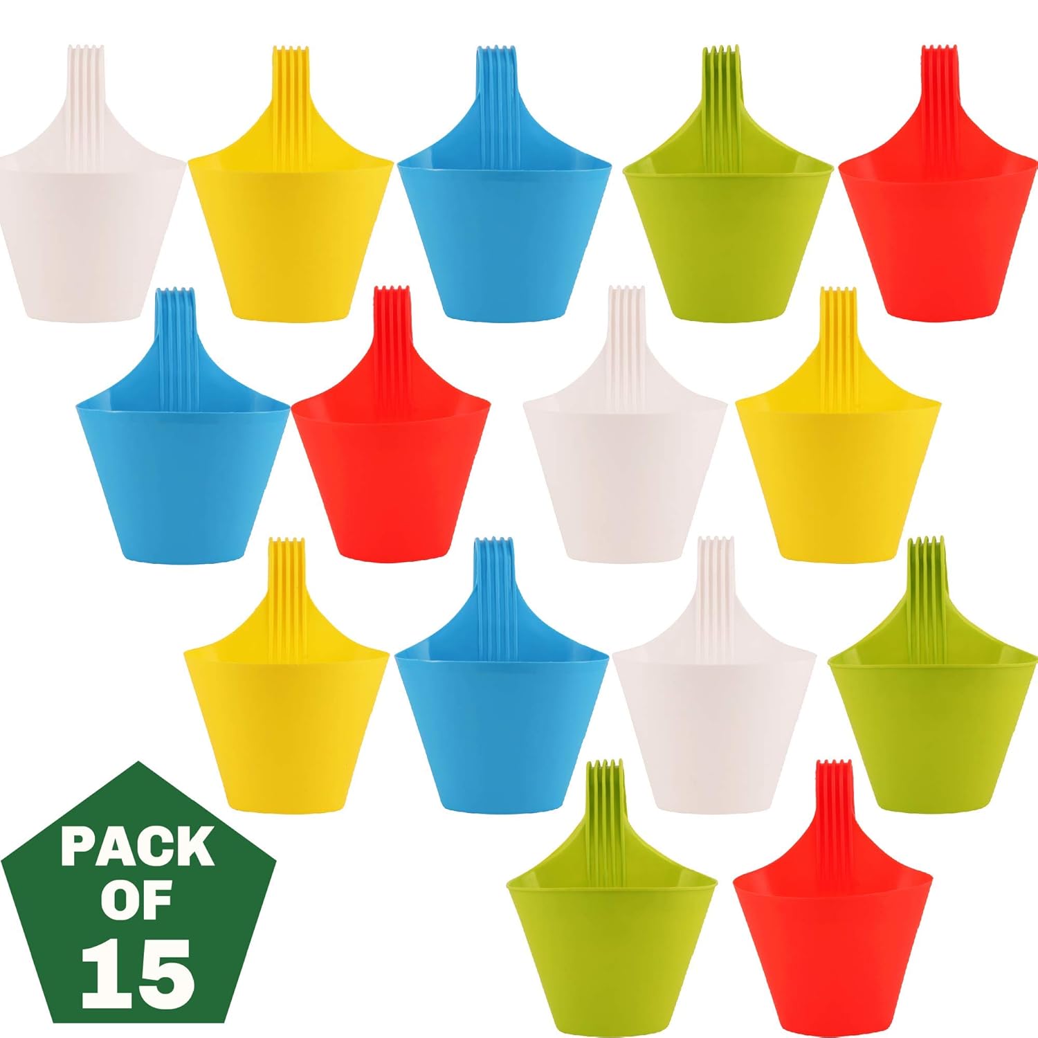 Leafy Tales Plastic Hook Hanging Pots (Set of 15, Multicolor) - 28 x 12 x 22 cm Durable Railing Planters - Detachable Hook Flower Pots for Balcony, Indoor, Outdoor Garden & Window Grills