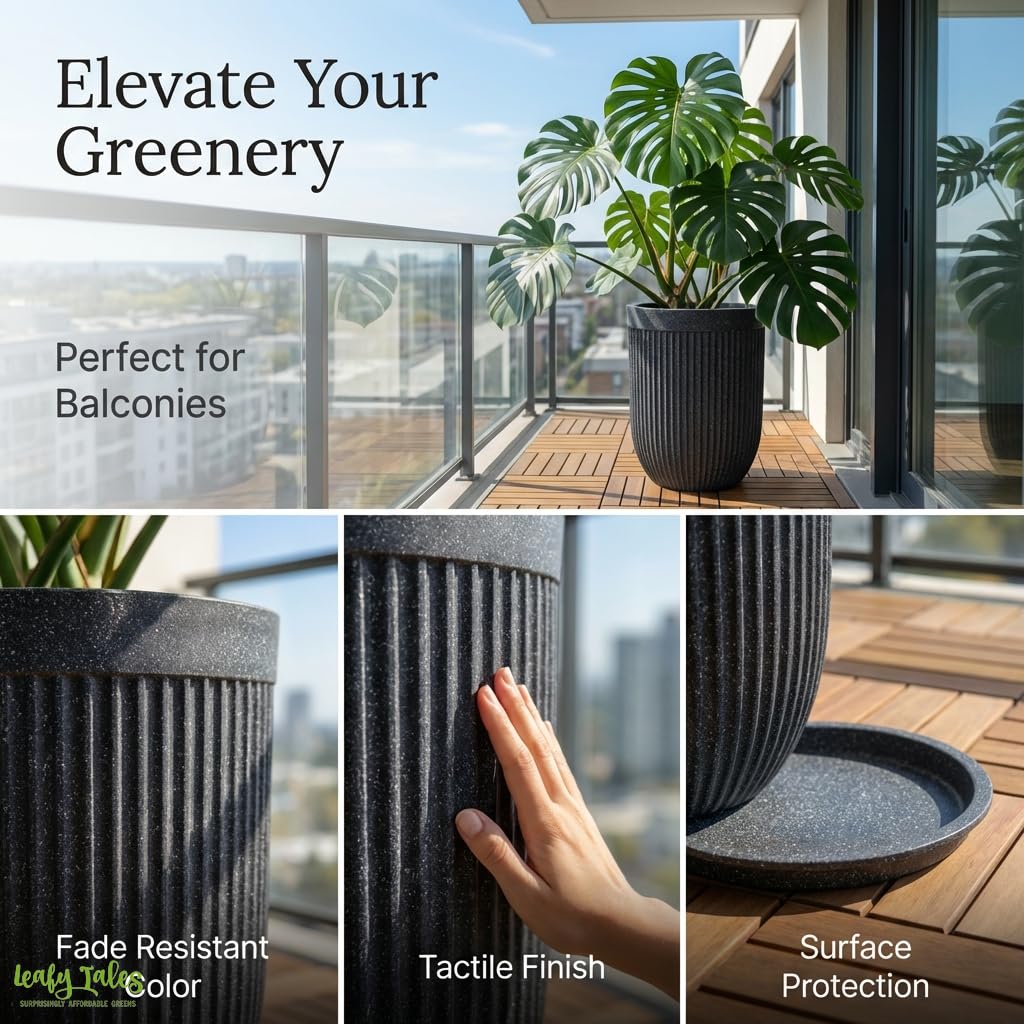 Leafy Tales Modern Ribbed Tall Round Planter - 24 Inch Decorative Flower Pot with Granite Finish, Lightweight & Weather Resistant Indoor/Outdoor Garden Pot for Home, Office, and Living Room Decor