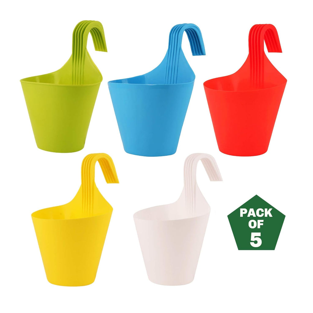 Leafy Tales Plastic Hook Hanging Pots (Set of 5, Multicolor) - 28 x 12 x 22 cm Durable Railing Planters - Detachable Hook Flower Pots for Balcony, Indoor, Outdoor Garden & Window Grills