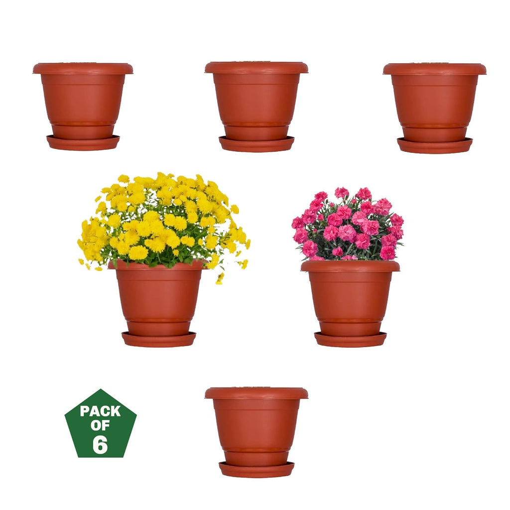 Leafy Tales 8-inch Plastic Flower Pots with 4-inch Dripping Trays (Pack of 6 Sets) - Terracotta Colour Garden Gamla for Home & Outdoor Balcony - Durable Indoor/Outdoor Planters with Drainage Saucers