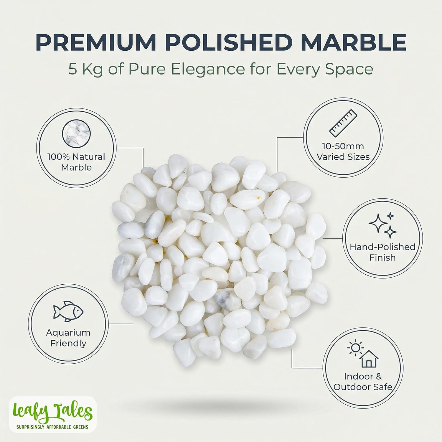Leafy Tales White Polished Marble Stone Pebbles for Home & Garden Decoration| White Polish 5 Kg