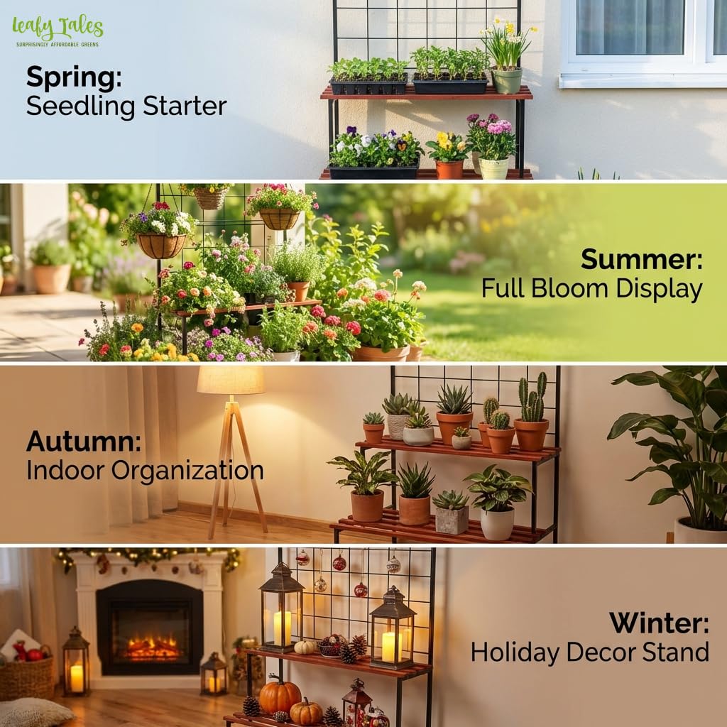 Leafy Tales Bloom 4-Tier Plant Stand with Premium Wooden Finish, Large Indoor & Outdoor Metal Planter for Living Room, Balcony & Patio, Flower Pot Display Shelf, Home Décor