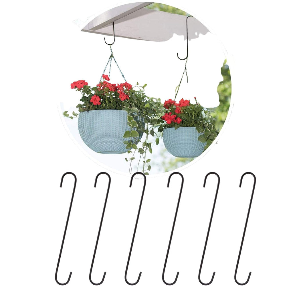 Leafy Tales 10-Inch Heavy Duty Metal S Hooks (Pack of 6) - Large Black S-Shaped Hanging Hooks for Plant Baskets, Bird Feeders, Pots & Pans | Rust-Proof Iron Utility Hooks for Home & Garden