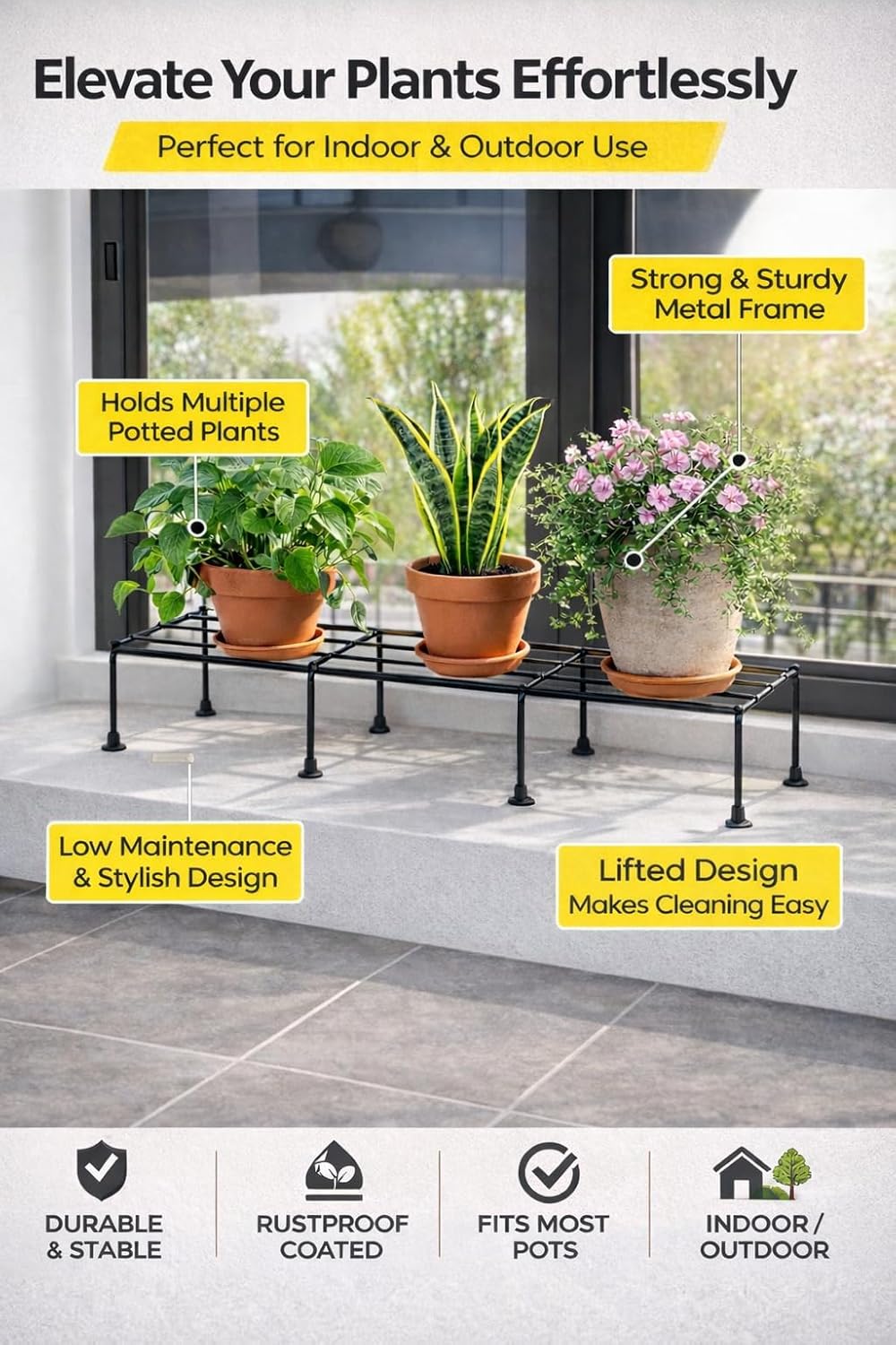 Leafy Tales 29-Inch Plant Stand for Outdoor Balcony | Black, (Set of 4) 120 KG Load Capacity, Anti-Rust Metal with Non-Bendable Legs | Ideal for Plant Stands for Outdoor, Indoor Living Room, Flower Pot Stand for Balcony, Planters for Home Decor