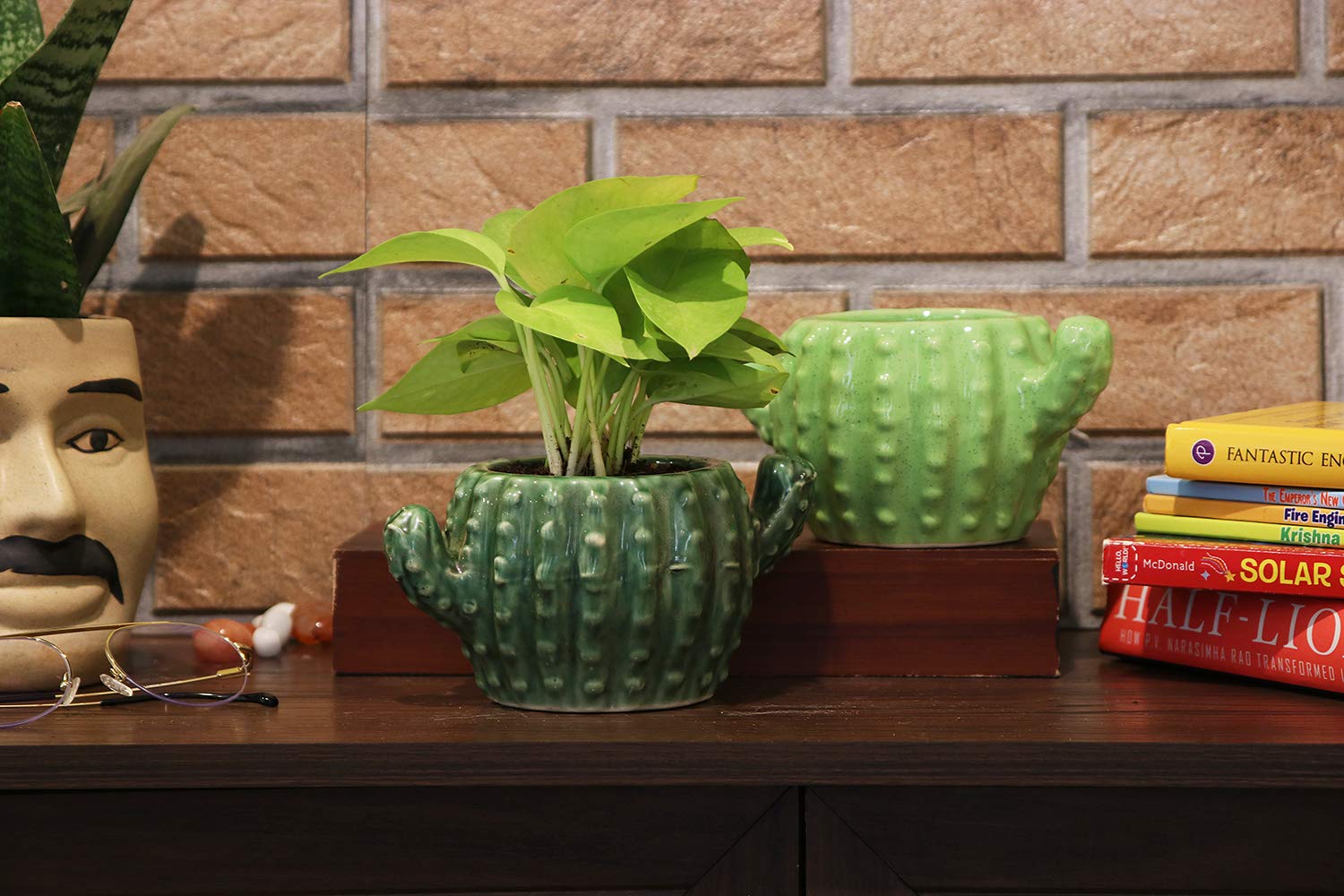 Leafy Tales Ceramic Cactus Shape Planter, Small Size - Light Green, 1 Piece