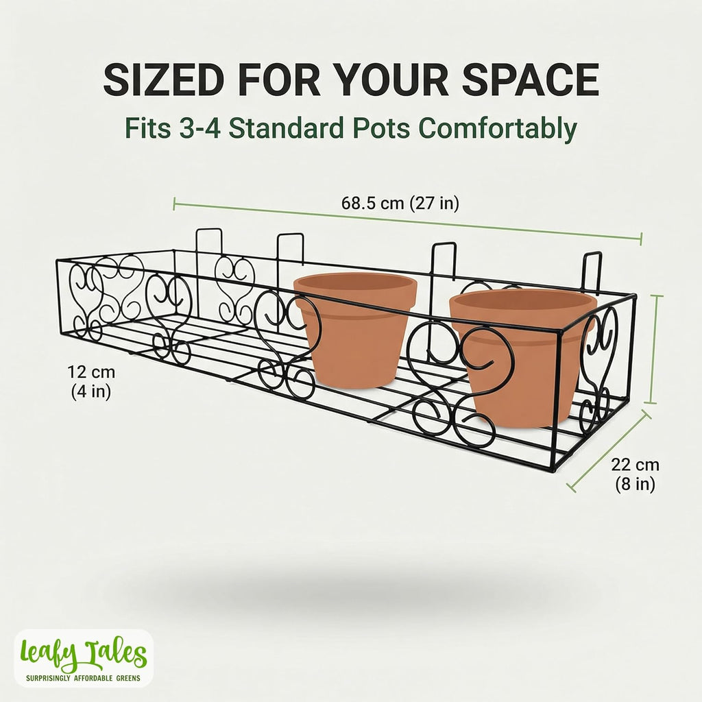 Leafy Tales Metal Long Rectangular Shape Railings Pot Holder |Pot Holder Basket for Plants in Balcony Railings Gamla Stand for Indoor and Outdoor (Set of 1)